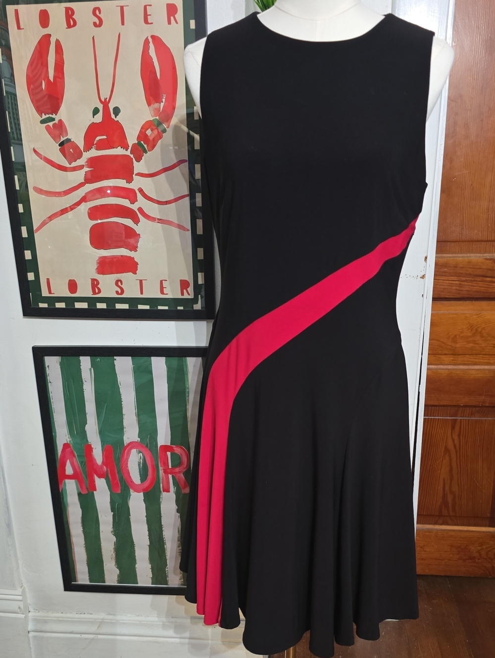 Vintage Ralph Lauren Black Midi Dress with Pink Diagonal Panel 12